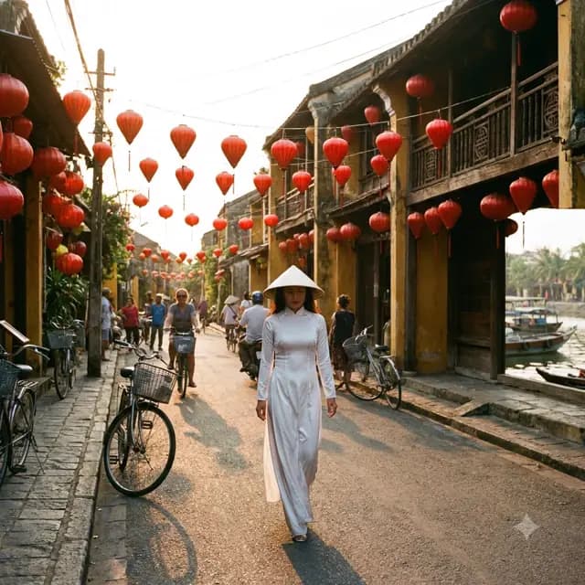 cô gái mặc áo dài trắng đi giữa phố cổ Hội An, đèn lồng đỏ hai bên, nắng giờ vàng