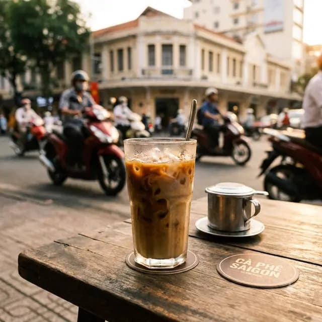 ly cà phê sữa đá trên bàn gỗ quán vỉa hè Sài Gòn, hậu cảnh xoá mờ, phong cách ảnh quảng cáo