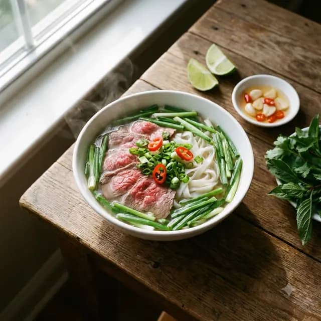 bát phở bò Hà Nội bốc khói trên bàn gỗ, hành lá và ớt tươi, ánh sáng buổi sáng, chụp từ trên xuống